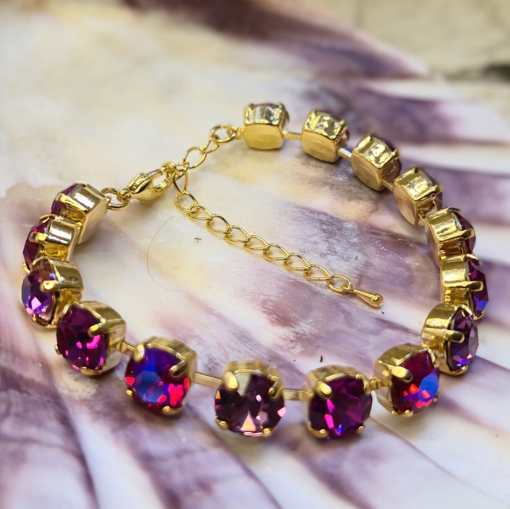 Sparkly Deep Fuchsia & Pink Swarovski Crystal In Classic Gold Plated Bracelet - Picture 2 of 5